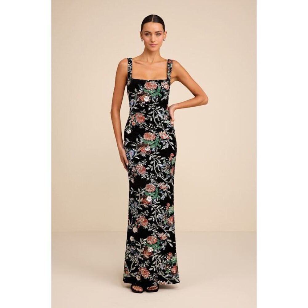 NWT Lulus Camesha Black Multi Floral Velvet Sequin Maxi Dress - Size L